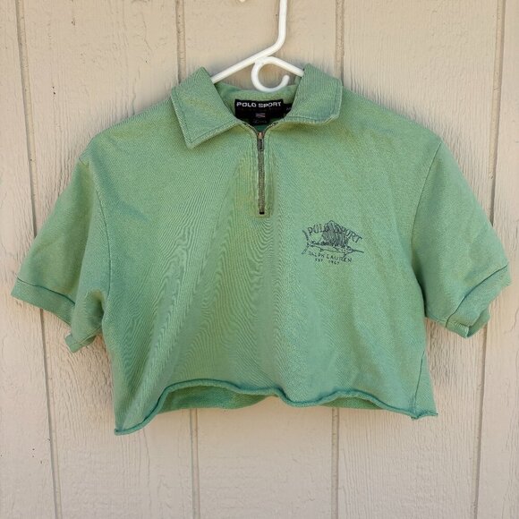 Vintage Ralph Lauren Polo Sport Sweatshirt Medium Green Cropped Collared Fishing - Picture 1 of 8